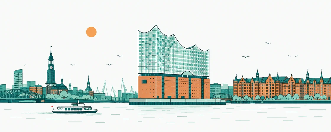 Illustratie van de haven van Hamburg met de Elbphilharmonie en de Speicherstadt.